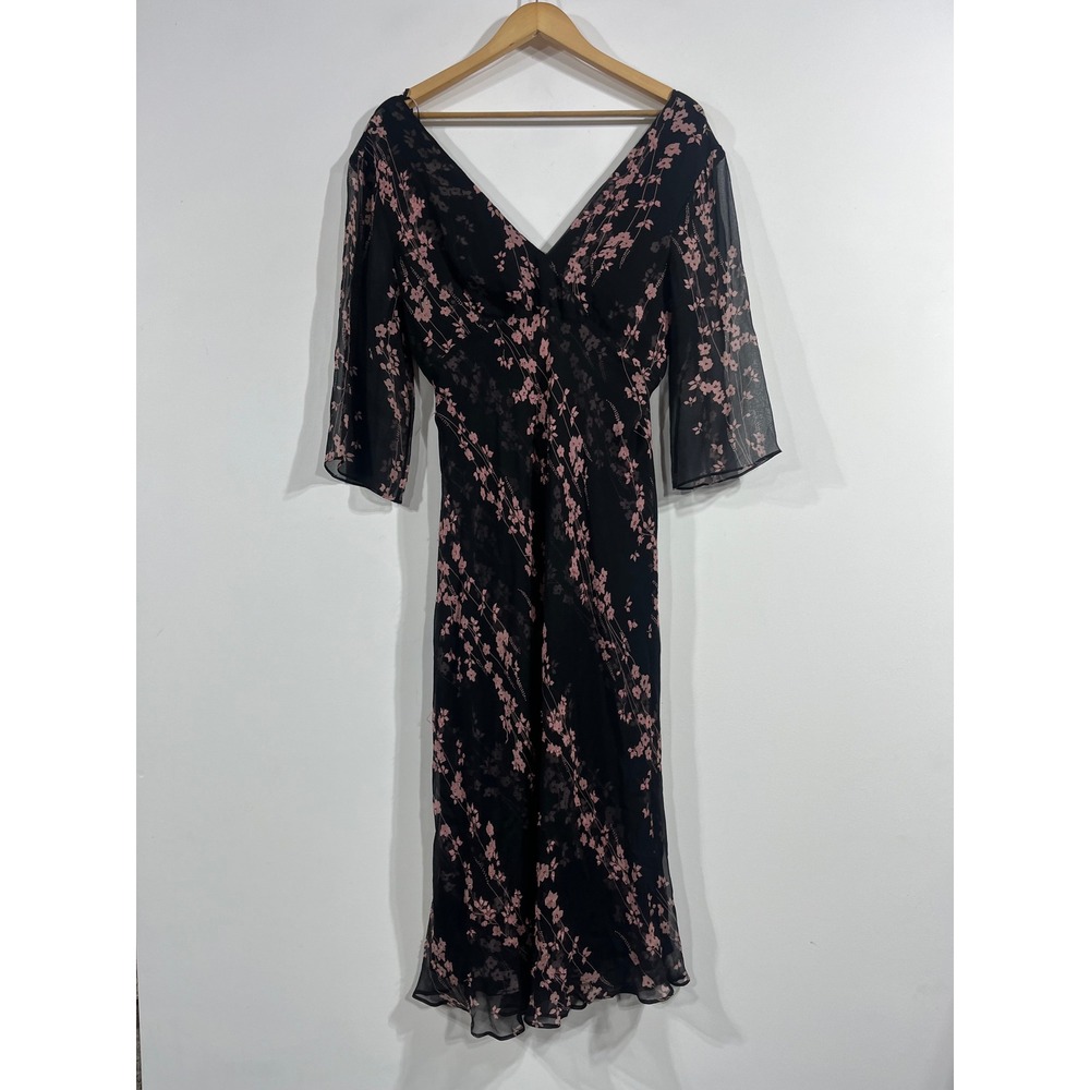 Womens VTG Silk Babydoll Fairy Grunge Dark Floral Midi Dress Sheer Bell Sleeve